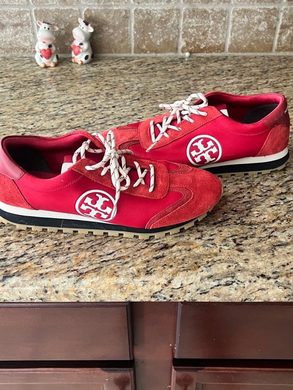 Tory Burch Red Suede & Nylon Logo Sneakers.